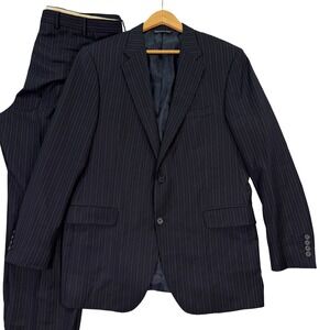 Coppley Mens 42L Suit Navy Blue Pinstripe Wool 2 Button Pleated Pants 38x30 EUC